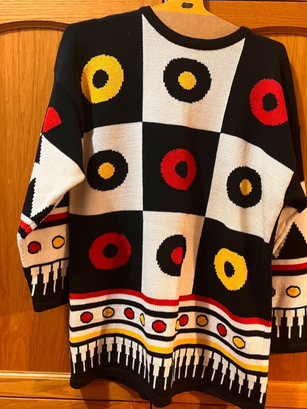 Women's Crewneck Sweater - Black White with Red & Yellow Graphic